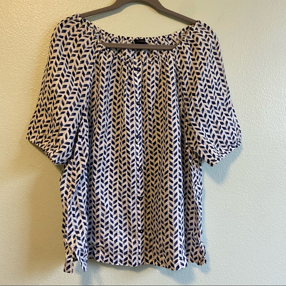 Talbots %100 Linen Indigo and White Button Down Blouse
